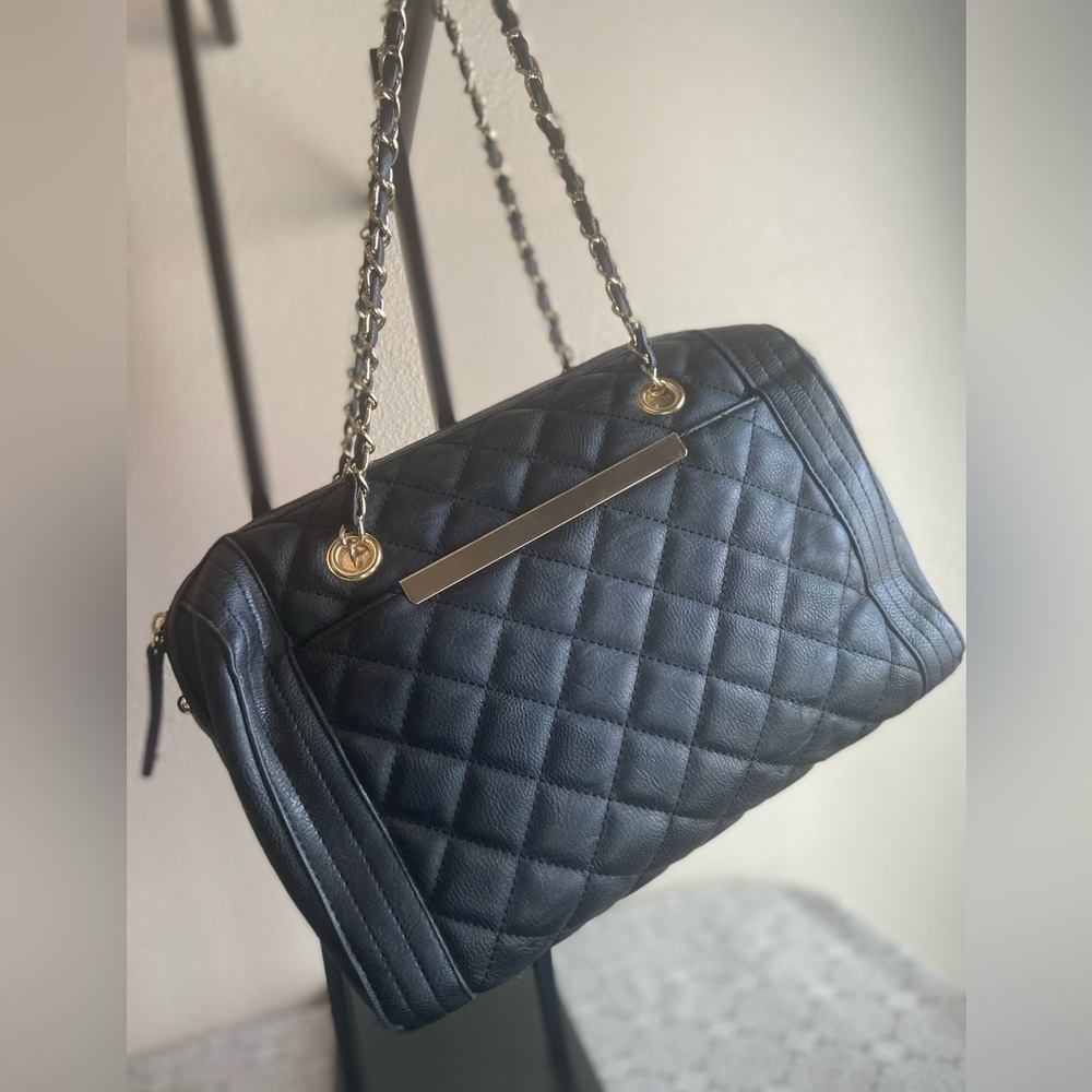 Mossimo~Mid-Size~Soft~Quilted~Faux Black Leather~Handbag Purse~Gold Chain Handle